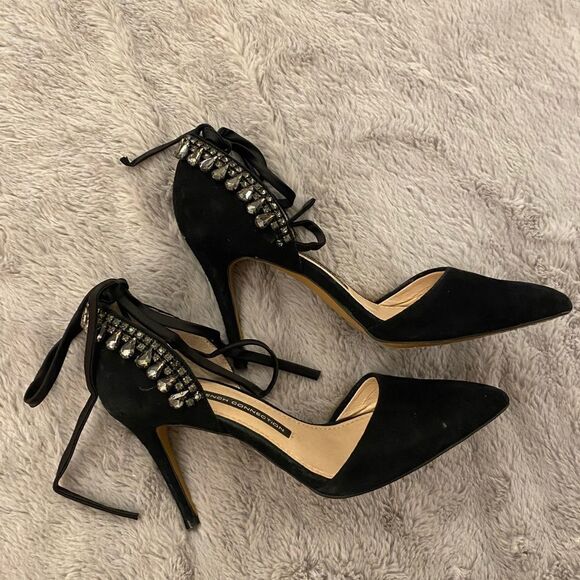 French Connection black suede heels with crystal embellishments, size 6 - Picture 2 of 13